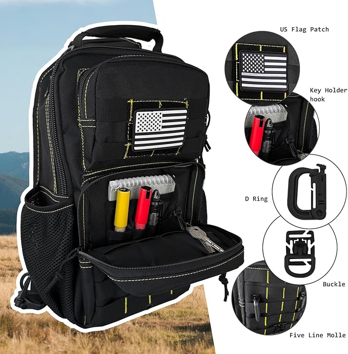 Rover Sling Pack Tactical Shoulder Sling Bag Backpack with Bottle Holder Crossbody Chest Bag Black with Yellow