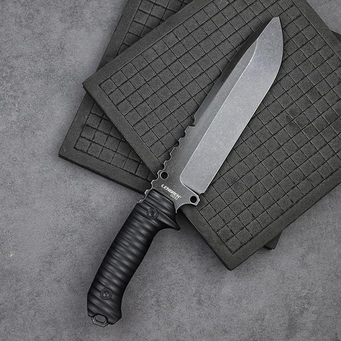 LENGREN【Eggplant 12.8 Inches 7MM THK Full Tang Heavy Fixed Blade Multifunctional Tactical Knife Drop Point DC53 Steel Kydex Sheath For Camping Hiking Hunting (Black)