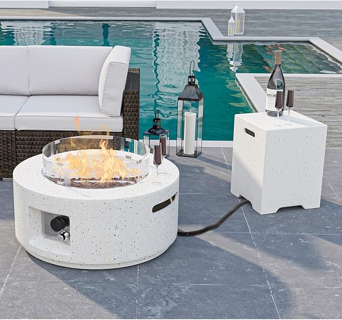 HOMPUS Outdoor Propane Fire Pit 40000 BTU 42-inch x 17-inch Round Concrete Gas Fire Table Outside Smokeless Firepit with Tank CoverWind GuradLava Rocks and Rain Cover for GardenDeckBackyard