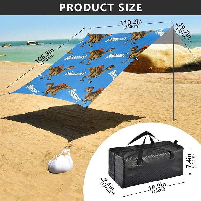ALAZA Cool Dinosaur Dino Blue Beach Tent Sun Shelter UPF50+ Protection Beach Shade Canopy w/ 4 Sandbags for Outdoor Camping Fishing Backyard Fun Picnic 10x9 ft