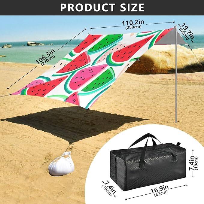 xigua Watermelon Beach Tent Sun Shelter with Carrying Bag - Silver Coated Oxford Fabric Beach Canopy for Beach Camping Fishing - Includes Windproof Ropes Sandbags &amp Stakes