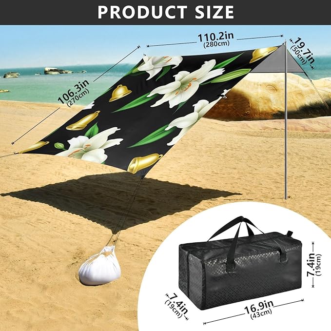 Beach Canopy with Windproof Ropes &amp Sandbags Beach Tent Sun Shade Sun Shelter for Camping Trips Fishing Backyard Fun or Picnics Lily