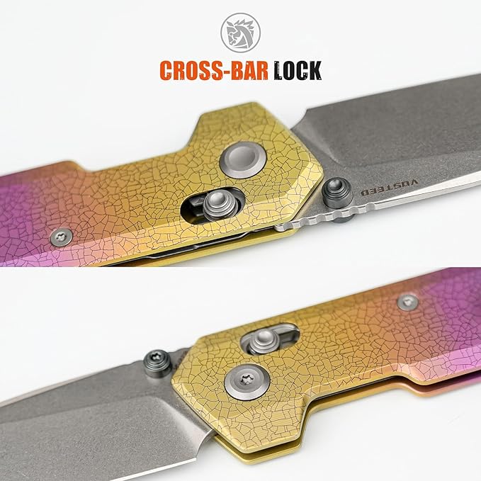 Vosteed Parallel EDC Pocket Knife - 2.90 S35VN Stonewash Blade Reverse Tanto - Crossbar Lock Iridescent Crackle Titanium Handle - Camping Hiking Knives - A3508
