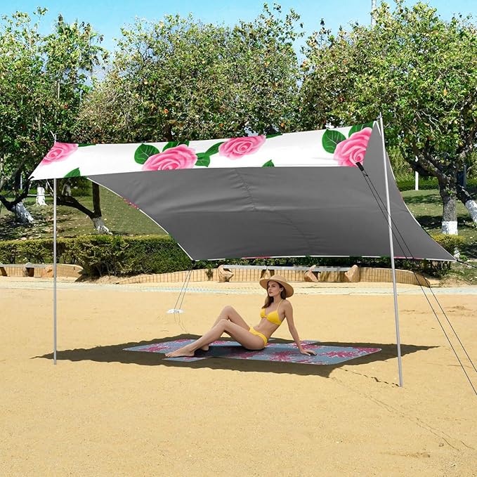 Beach Canopy with Windproof Ropes &amp Sandbags Beach Tent Sun Shade Sun Shelter for Camping Trips Fishing Backyard Fun or Picnics Roses