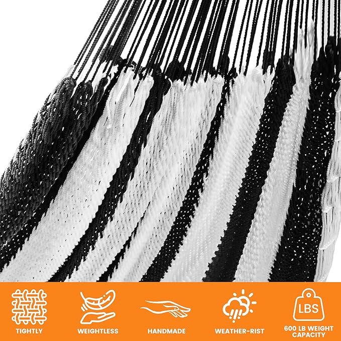 Lazy Daze Hammocks Handwoven Mayan Hammock 10.5 FT Soft Rope Double Hammocks Portable Outdoor Hammock with Carry Bag 2 Straps &amp Carabiners for Patio Outside 550 lbs Weight Capacity Black/Whit