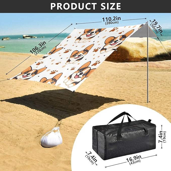 ALAZA Corgi Paw Prints Pattern Beach Tent Sun Shelter Portable Canopy Sunshade for Outdoor Camping Picnics Backyard Fun 10x9 ft