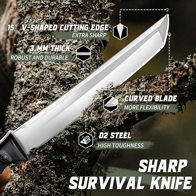 Dragon Creek Tactical Knife Kydex - Outdoor Fixed Blade Survival Knife with Sheath Full Tang Handle for Camping Hiking Christmas Thanksgiving Gift Men Green
