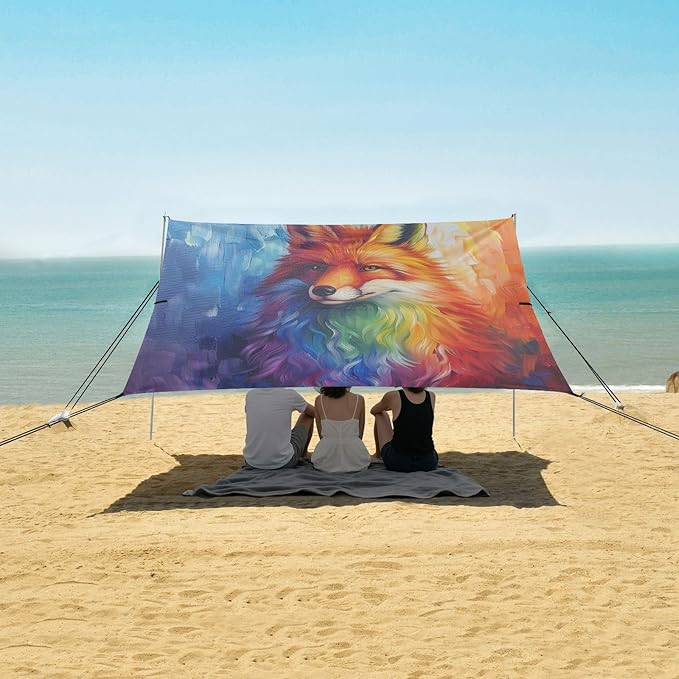 ALAZA Fox Rainbow Painting Beach Tent Sun Shelter UPF50+ Protection Beach Shade Canopy w/ 4 Sandbags for Outdoor Camping Fishing Backyard Fun Picnic 10x9 ft