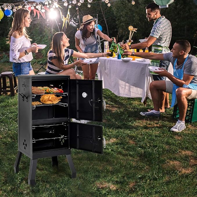 DORTALA Vertical Charcoal Smoker Outdoors Charcoal Barbeque Smoked Carbon Oven Iron Structure w/Two Chrome-plated Nets Two Charcoal Pots Suitable for Lawn Picnic Backyard BBQ (Black)