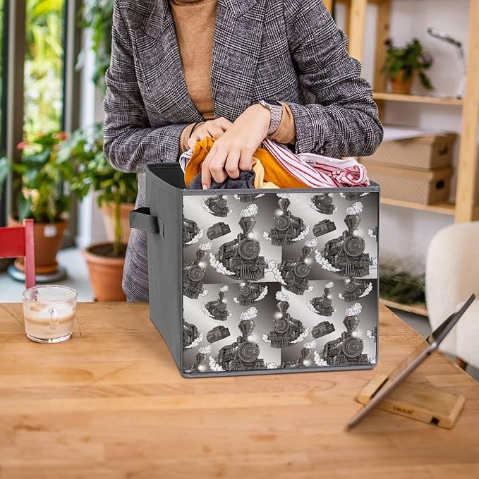 Collapsible Cube Storage Organizer with Handles Train Foldable Fabric Bin for Shelves Perfect for Closet Bathroom Kids' Room &amp Nursery