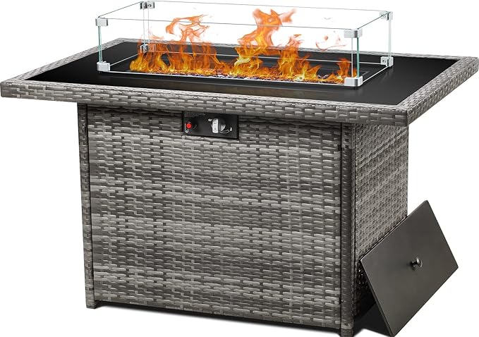 LayinSun 44 Propane Gas Fire Pit Table 55000 BTU Rectangular Fire Pit with Glass Wind Guard for Outside Patio Deck Garden Backyard