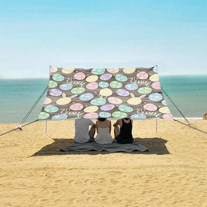 Beach Canopy with Windproof Ropes &amp Sandbags Beach Tent Sun Shade Sun Shelter for Camping Trips Fishing Backyard Fun or Picnics Happy Easter