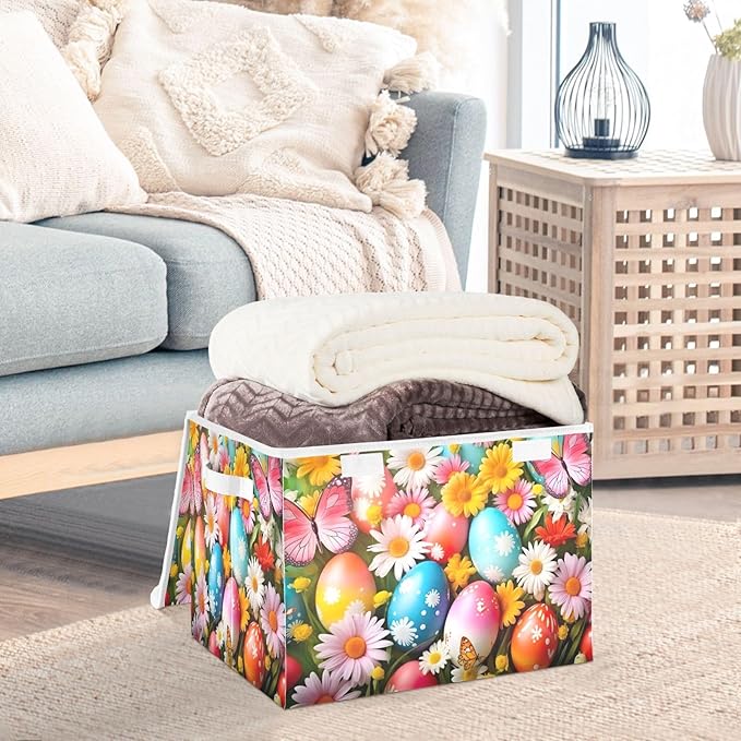 Christmas Storage Baskets with Lids Colorful Eggs and Butterflies (2) Collapsible Bins Stackable Fabric Linen Baskets Closet Organizer Container 16.5x12.6x11.8