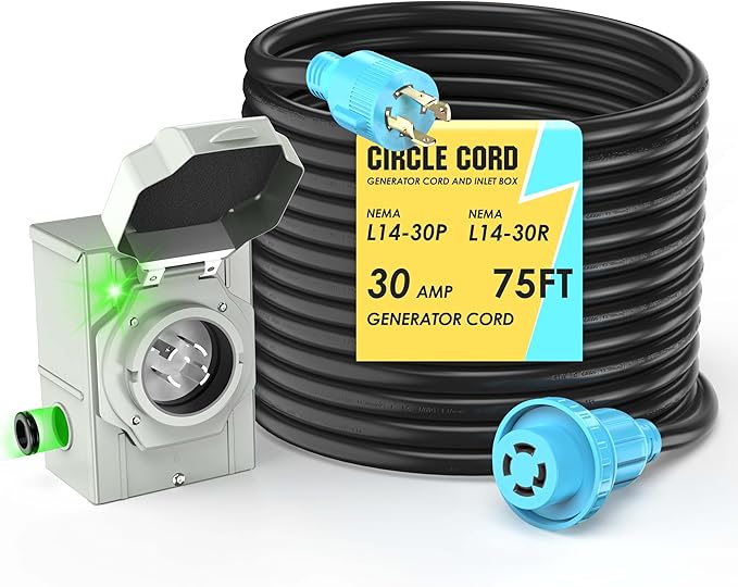 CircleCord 4 Prong 75 Feet 30 Amp Generator Extension Cord and Inlet Box with Locking Connector Heavy Duty NEMA L14-30P/L14-30R 125/250V 7500W 10 Gauge SJTW Generator to House Power Cord