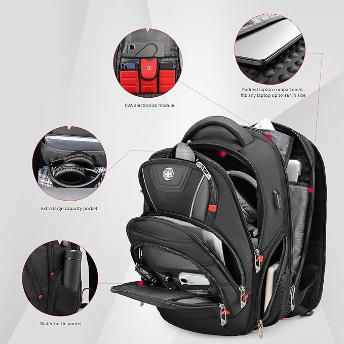 Swissdigital Design Travel Backpack for men with Apple Find My TSA Friendly USB Charging RFID Protection Business Backpack Fits 15.6 Laptops Black | J149508F-BR