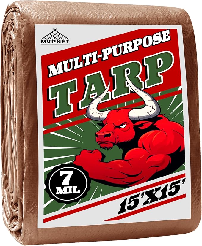 Tarp 15x15 ft 100% Waterproof 7mil Durable Grommets and Reinforced EdgesUv ResistantGreen/Brown TarpEmergency Rain ShelterOutdoor Cover and Camping Use -by MVPNET