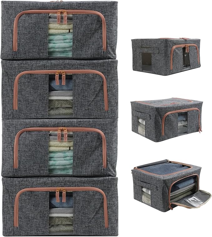 Linen Clothes Storage Bins 4PCS Sturdy Closet Organizers and Storage Bin with Metal Frame 2 Opening Ways Fabric Visible Lidded Storage Box for Organizing ClothingJeansSheets (4PC Gray 22Liters)