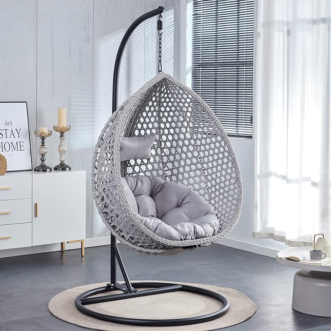 Hanging Egg Swing Chair with Stand Rattan Wicker Hanging Egg Chair Hammock Indoor with Cushions Swinging Chair for Bedroom Outdoor Patio Balcony Backyard Sunroom Heavy Duty 350LBS (Gray)