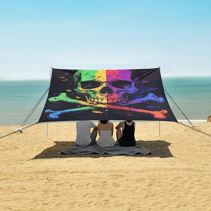 ALAZA Skull Crossbones with Rainbow Color Beach Tent Sun Shelter Portable Canopy Sunshade for Outdoor Camping Picnics Backyard Fun 10x9 ft