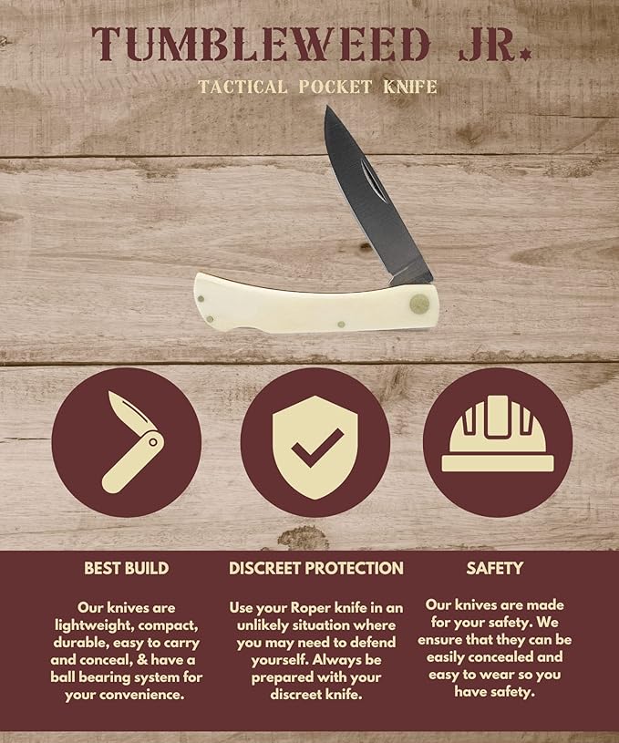 Roper Knives Tumbleweed Jr Tactical EDC Pocket Knife – 3 Inch Carbon Steel Blade with 3.5 Inch Smooth White Bone Handle