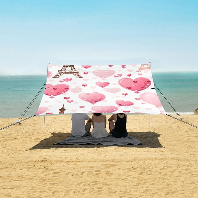 ALAZA Eiffel Tower Pink Heart Romantic Cartoon Beach Tent Sun Shelter Portable Canopy Sunshade for Outdoor Camping Picnics Backyard Fun 10x9 ft