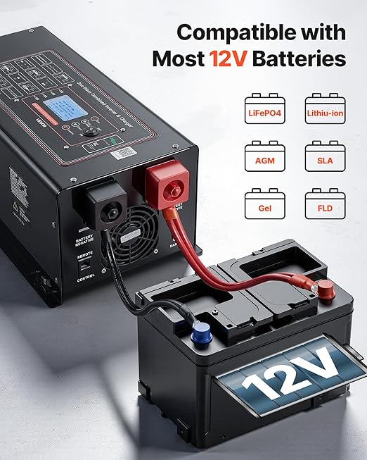 VEVOR Pure Sine Wave Inverter Charger 3000W DC 12V to AC 120V Power Inverter with LCD Display Remote Control Low Frequency for RV Camper Home Compatible with 12V LiFePO4 and Lithium Batteries
