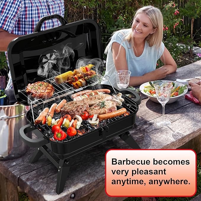 BBQCuker Portable Charcoal Grill with Warming Rack Small Tabletop Barbecue Grill Foldable Legs Adjustable Vent Total 343 Sq. In.Cooking Space Outdoor BBQ Grill for Camping and Picnics (Black)