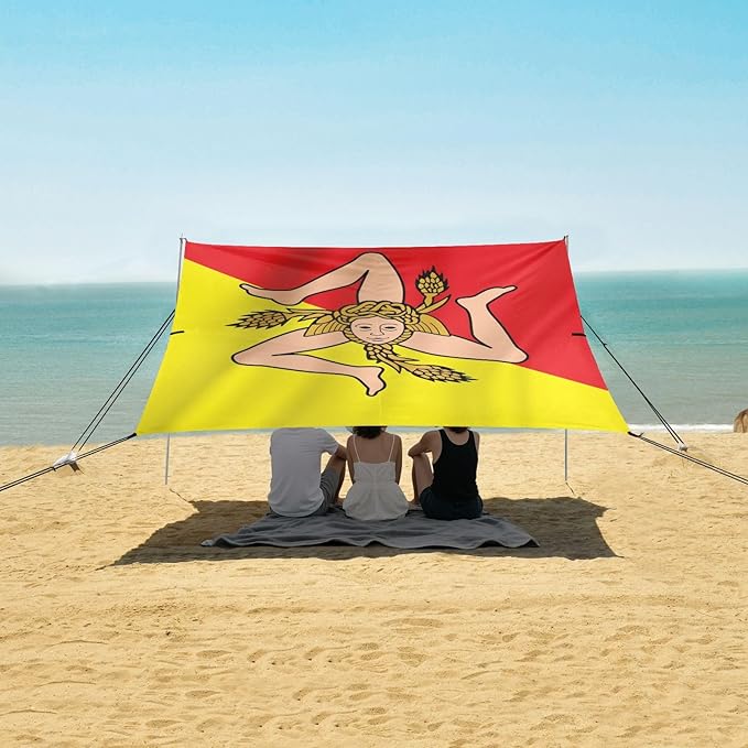 Flag Italy Sicilian Yellow Red Beach Tent UPF50+ Protection Waterproof Sun Shelter with Sandbags &amp Sand Shovel for Camping Trips Fishing Backyard Fun or Picnics