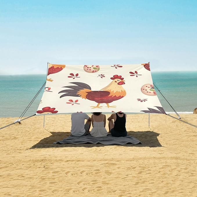 ALAZA Many Carttoon Rooster with Egg Beach Tent Sun Shelter Portable Canopy Sunshade for Outdoor Camping Picnics Backyard Fun 10x9 ft