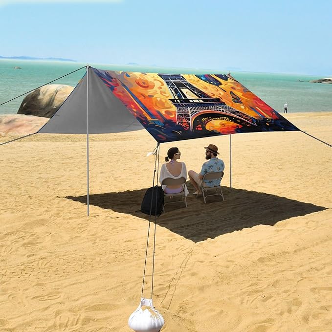 ALAZA Paris Eiffel Tower Colorful Butterfly Starry Beach Tent Sun Shelter Portable Canopy Sunshade for Outdoor Camping Picnics Backyard Fun 10x9 ft