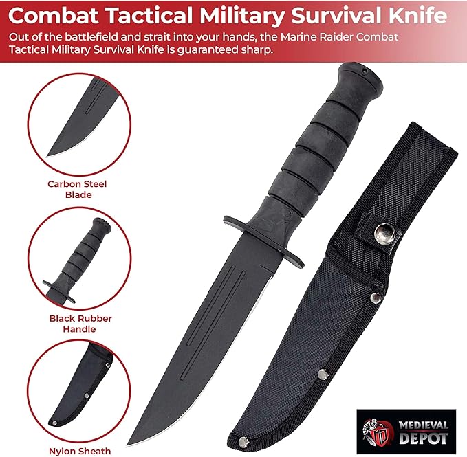 MedievalDepot 10.25 Military Survival Knife - Stainless Steel Blade Black Rubber Grip Sheath
