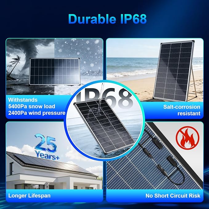 Solar Panels 200w bifacial n Type 18bb A+ Grade Solar Module IP68 Waterproof 25% high Efficiency Solar Cell 200 watt Solar Panel 12v for Off Grid RV Boat Rooftop Camper (200W Bifacial)