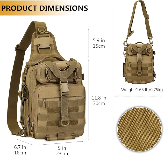 Protector Plus Tactical Sling Bag Military MOLLE Crossbody Pack Chest Shoulder Backpack (Patch Included) | Chest Shoulder Patch Included
