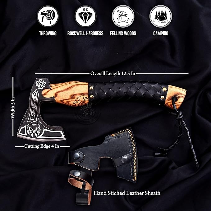 Hand-Forged Engraved Viking Axe Outdoor Camping Hunting Norse Hatchet Axe with Leather-Wrapped Handle &amp Sheath Great for Birthdays Gift Holidays Christmas or Weddings Gift (AXE-04)