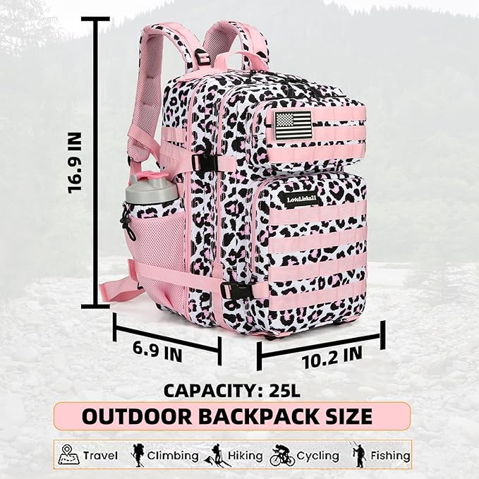 Lovelinks21 25L Tactical Backpack for Men and Women Military Backpack Small Assault Pack Molle Backpack Bug Out Bag Travel Rucksack Daypack (Pink Leopard)