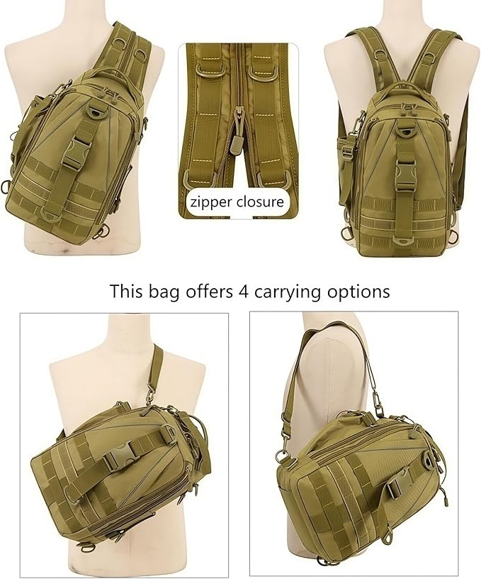 Mint &amp Moss Tactical Backpack for Men Water Resistant Tackle Backpack with Rod Holder &amp Tackle Box Kit Lightweight Sling Fishing Bag for Trekking Survival Camping Fitness Travel (Brown)