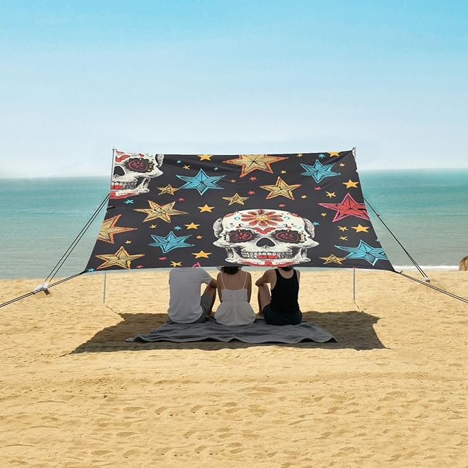 ALAZA Sugar Skull Stars Beach Tent Sun Shelter Portable Canopy Sunshade for Outdoor Camping Picnics Backyard Fun 10x9 ft