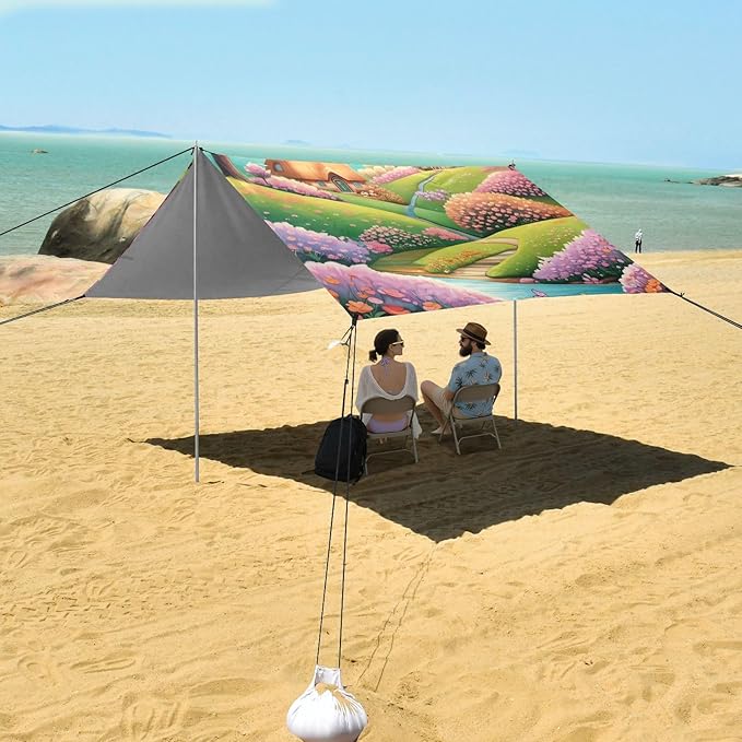 Beach Canopy with Windproof Ropes &amp Sandbags Beach Tent Sun Shade Sun Shelter for Camping Trips Fishing Backyard Fun or Picnics Landscape