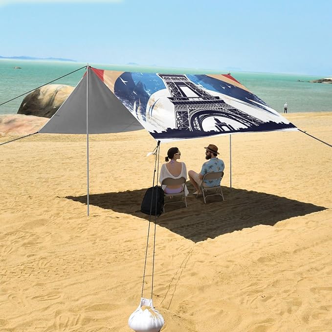 ALAZA Silhouette Eiffel Tower on French Flag Beach Tent Sun Shelter Portable Canopy Sunshade for Outdoor Camping Picnics Backyard Fun 10x9 ft
