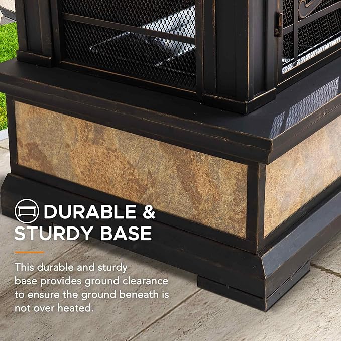 Sunjoy Outdoor Fireplace Smith Collection Patio Wood Burning Steel Fireplace with Chimney Spark Screen Fire Poker and Removable Grate Copper with Yellow Tile