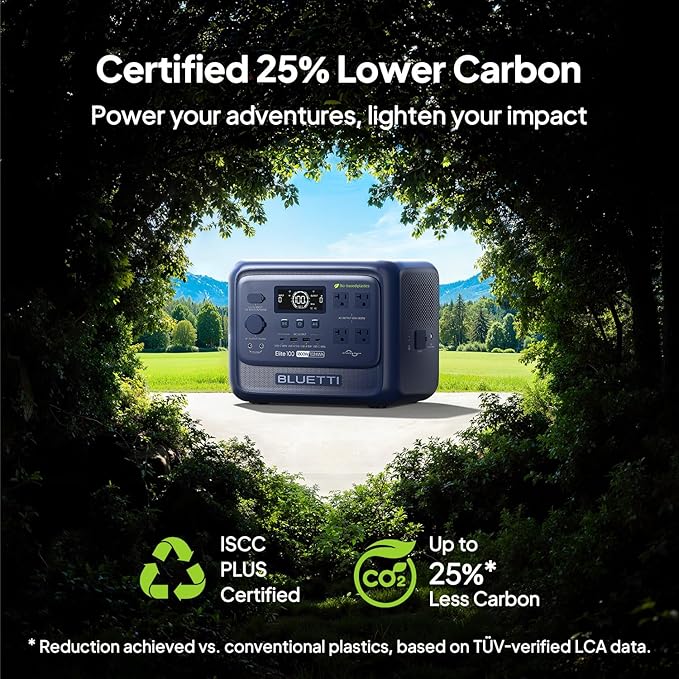 BLUETTI Elite 100 V2 (Bio-based) Portable Power Station 1024Wh LFP Battery Backup w/ 4 1800W AC Outlets (3600W Surge) 35% Smaller ISCC PLUS Certified Eco-Shell Solar Generator for Camping Outages