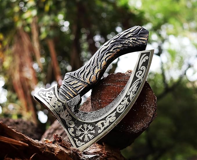 Viking Pizza Cutter Hand Forged Hatchet Mini Axe | Carbon Steel Slicer Chef Axe with Leather Sheath | Premium Pizza Oven Accessories for Camping Hunting &amp Gifts for Men (Vk Pizza Axe)
