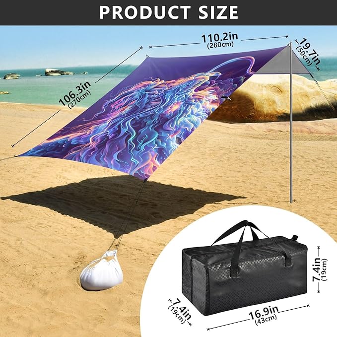 ALAZA Art Dragon Beach Tent Sun Shelter UPF50+ Protection Beach Shade Canopy w/ 4 Sandbags for Outdoor Camping Fishing Backyard Fun Picnic 10x9 ft