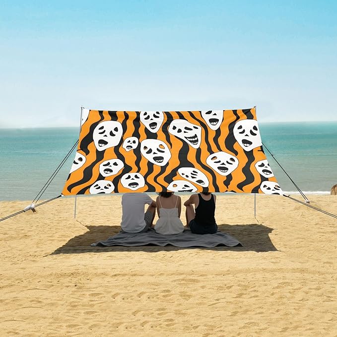 ALAZA Ghost Halloween Beach Tent Sun Shelter UPF50+ Protection Beach Shade Canopy w/ 4 Sandbags for Outdoor Camping Fishing Backyard Fun Picnic 10x9 ft
