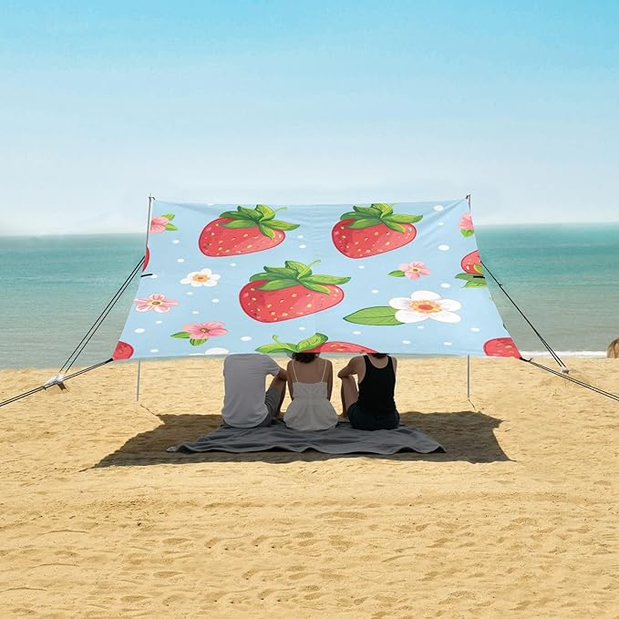 ALAZA Funny Strawberry Green Leaves Flowers on Light Blue Beach Tent Sun Shelter Portable Canopy Sunshade for Outdoor Camping Picnics Backyard Fun 10x9 ft