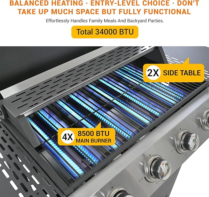 EUHOME 4-Burner Gas Grill with Side Burner &amp Cover 51000 BTU Stainless Steel Outdoor BBQ Grill 452 sq.in Cooking Area Ideal for Backyard Patio Large Gatherings