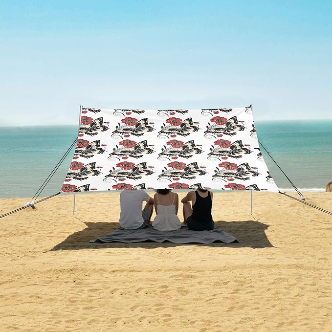 ALAZA Butterfly Red Flower Floral Beach Tent Sun Shelter UPF50+ Protection Beach Shade Canopy w/ 4 Sandbags for Outdoor Camping Fishing Backyard Fun Picnic 10x9 ft