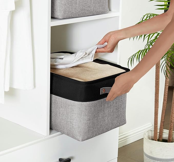 DECOMOMO Storage Baskets for Shelves - Fabric Storage Bins Linen Closet Organizers and Storage (Grey &amp Black XL - 3 Pack)