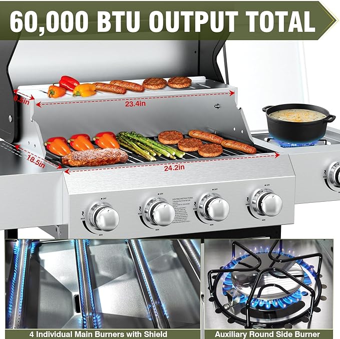 BESTFIRE 60000 BTU 4+1 Burner Propane Gas Grill - 647 sq. inches Stainless Steel Outdoor BBQ with Porcelain-Enameled Cast Iron Grates Side Burner &amp Storage Cabinet for Patio and Backyard Cooking