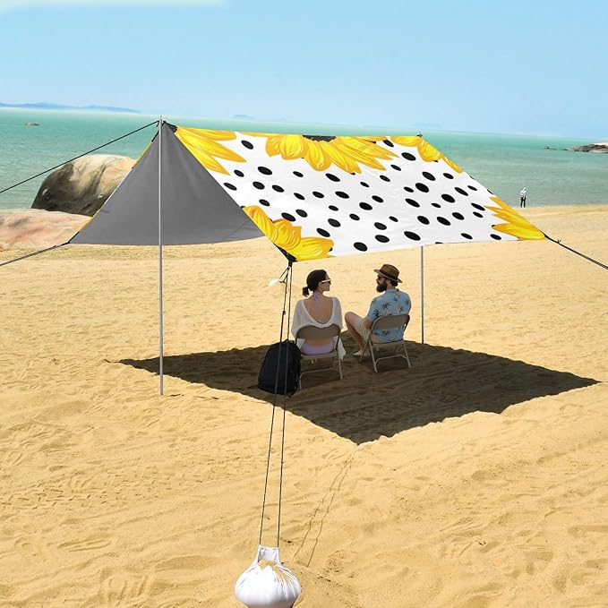 Beach Canopy with Windproof Ropes &amp Sandbags Beach Tent Sun Shade Sun Shelter for Camping Trips Fishing Backyard Fun or Picnics Sunflower